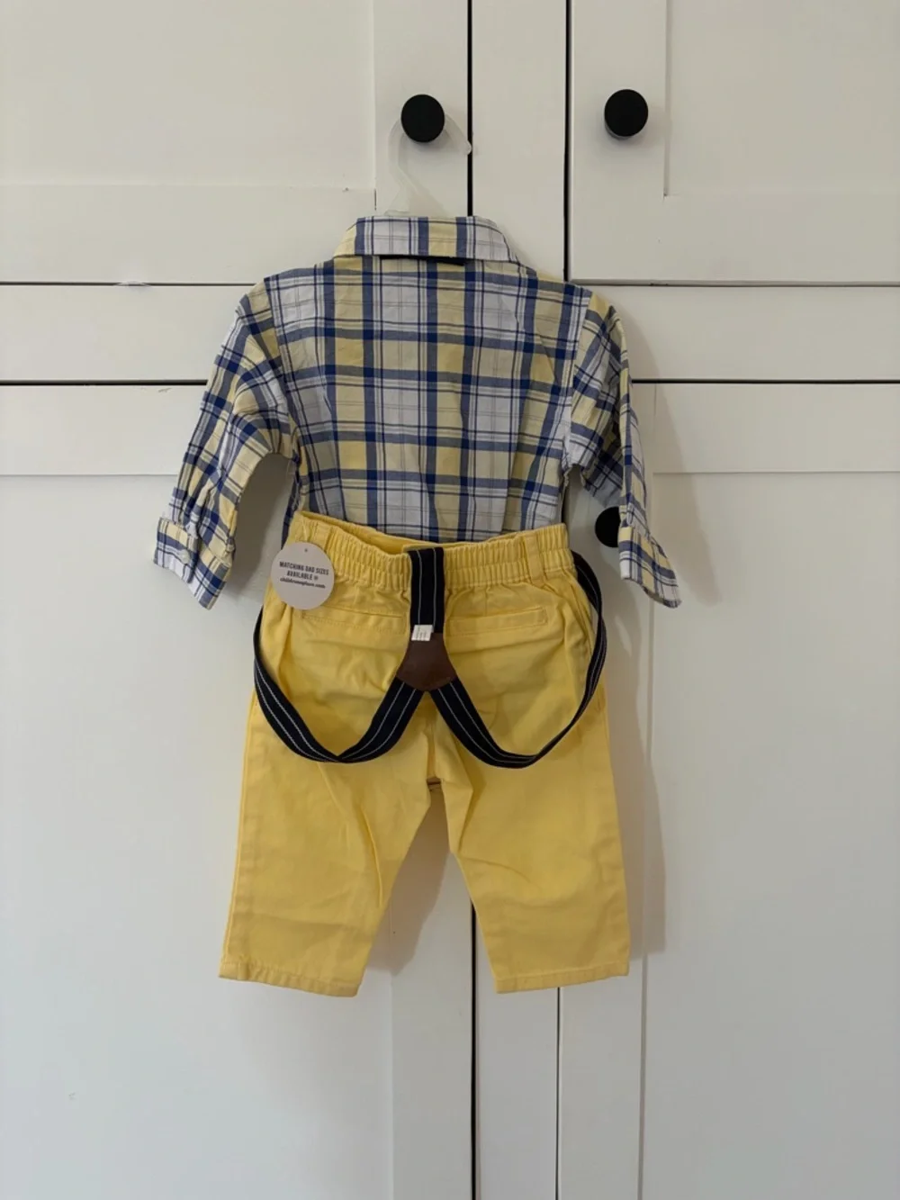The Children’s Place Plaid Button-Up Bodysuit Yellow Pants Bow Tie Suspenders - Picture 5 of 5